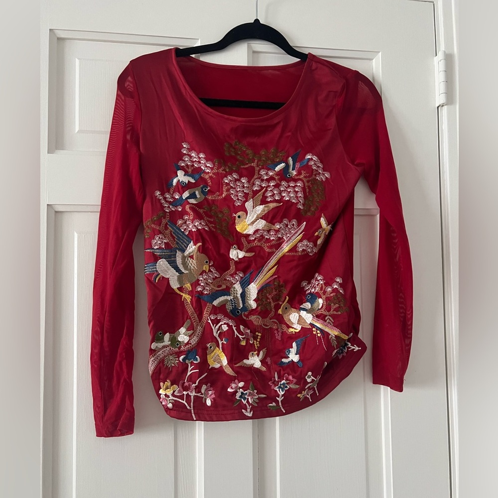 B3 Elegant Red Embroidered Women's Top